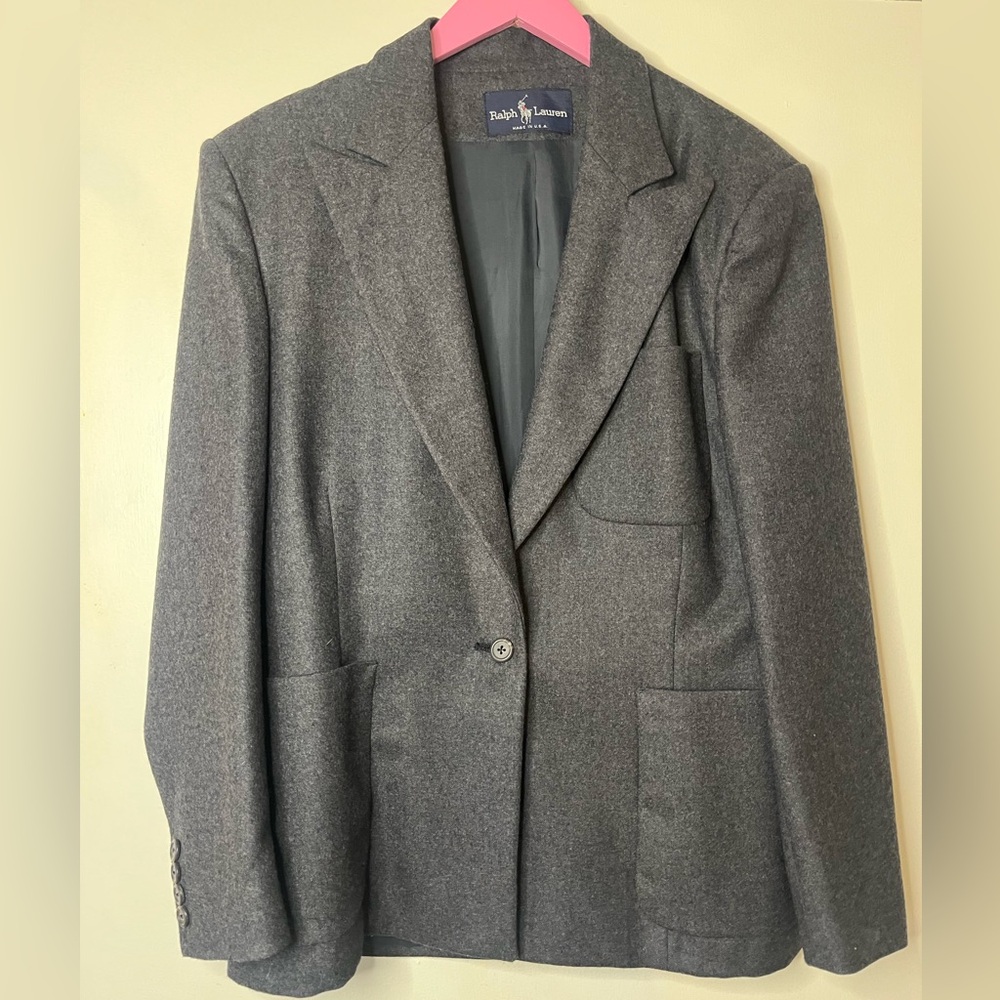Vintage 90s Ralph Lauren Made In USA Grey Wool Flannel Blazer Jacket 8 M L